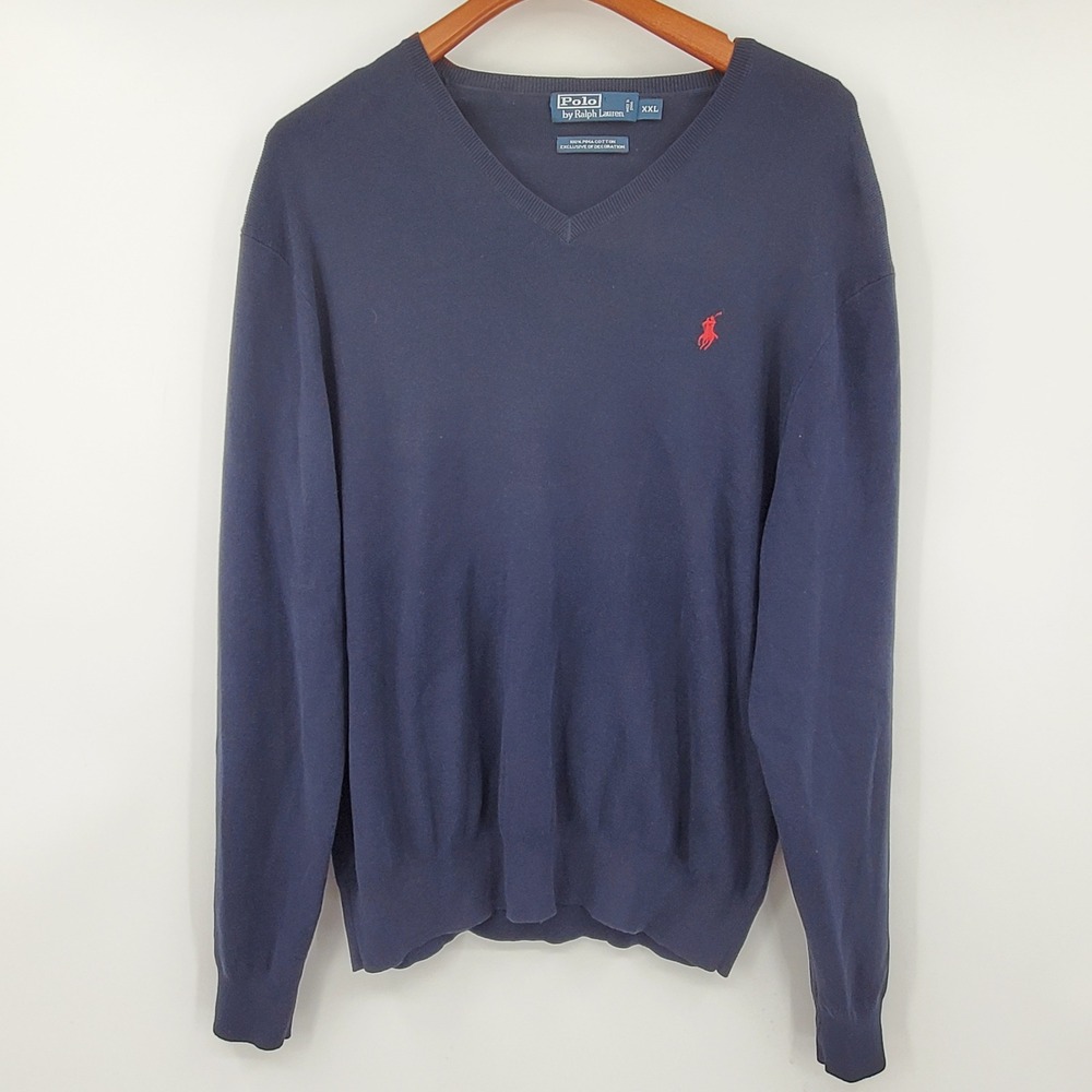 Vintage Polo Ralph Lauren XXL Navy Blue 100% Pima Cotton VNeck Pony Logo Sweater